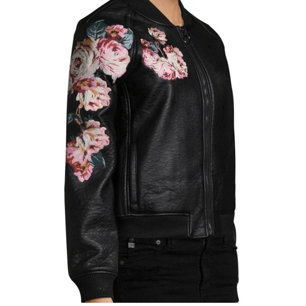 Joe's Jeans Black Bomber Jacket with Pink Floral Embroidery
